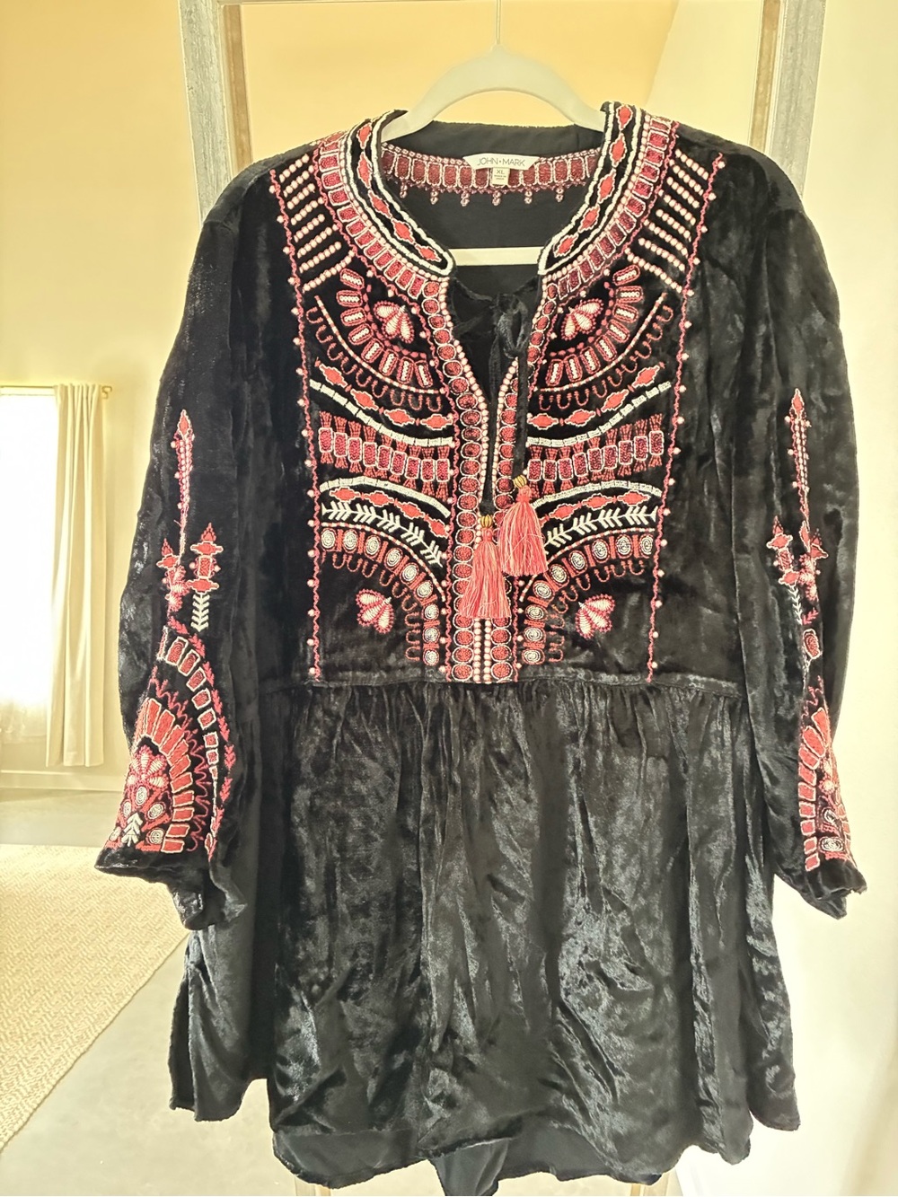 John Mark Black Velvet Tunic with Red Embroidery